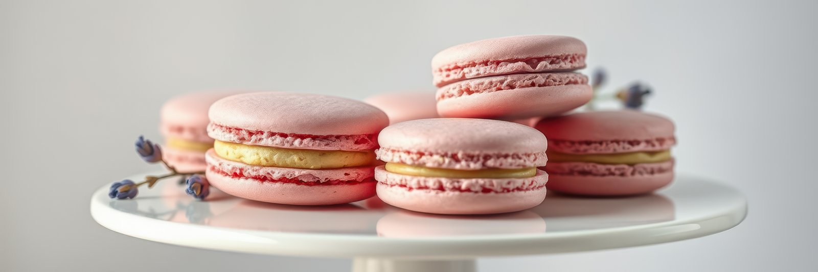 Elegant pink macarons displayed on a white cake stand with lavender accents during a sweet dessert showcase